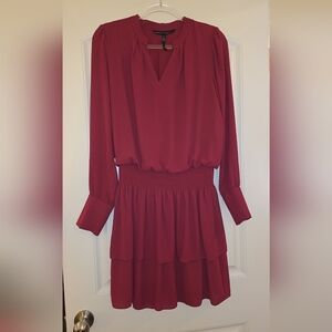 White House Black Market Maroon Long Sleeve Dress With Gold Button Accents